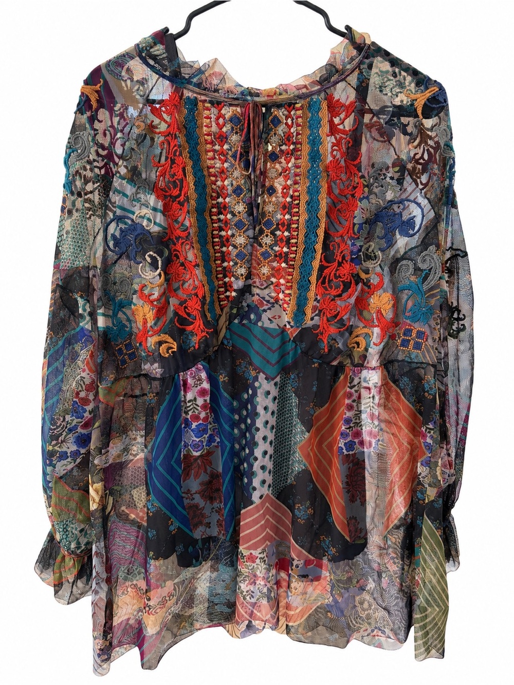 Johnny Was BIYA Ilyana Mesh Embroidered Blouse L Multicolor Boho B11323